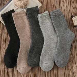 5 pairs men's and women's mid-tube thickened and velvet solid color wool socks