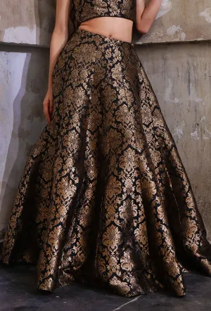 Black Banarasi Jacquard Kalidar Flared Skirt With Tassels