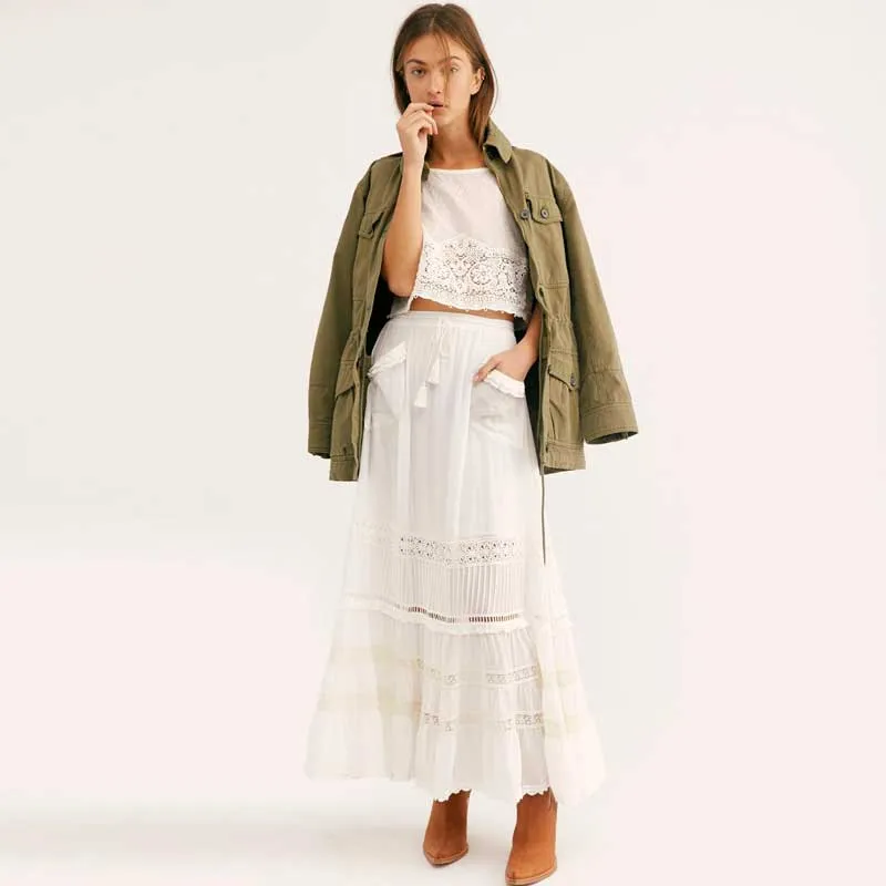 Boho Inspired Women's White Maxi Skirt patch pockets tassel tied