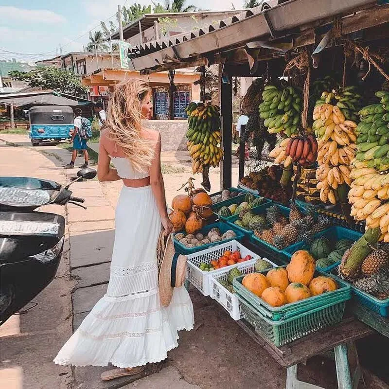 Boho Inspired Women's White Maxi Skirt patch pockets tassel tied