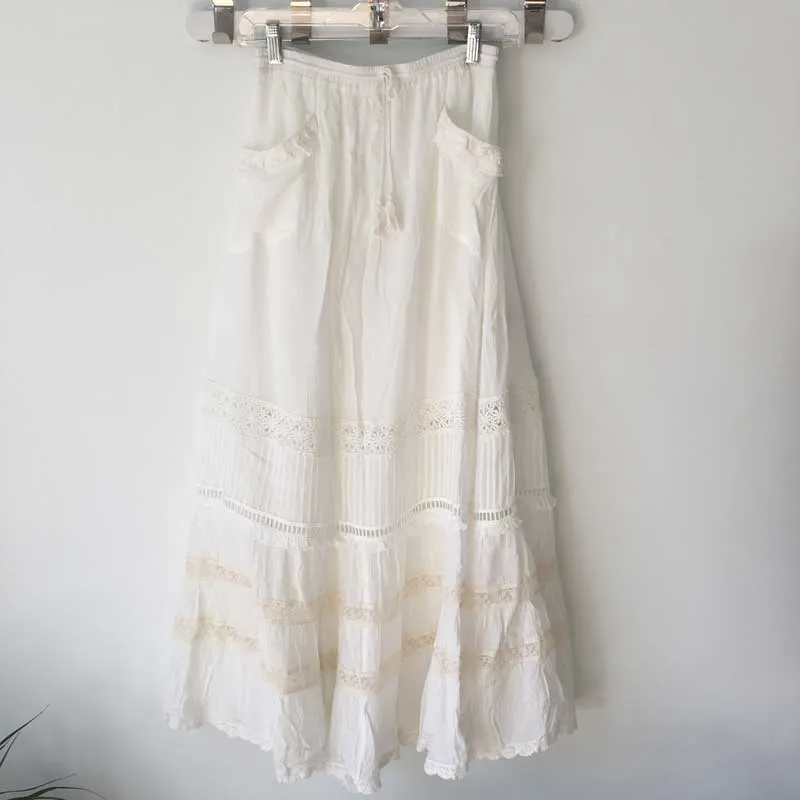 Boho Inspired Women's White Maxi Skirt patch pockets tassel tied