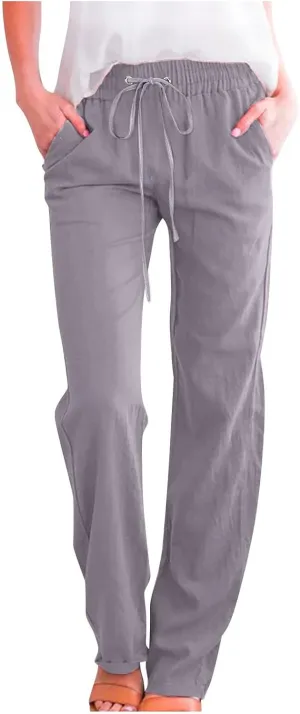 Casual Pants for Women Cotton Linen Summer Drawstring Elastic Waist Trouser Straight Leg Beach Travel Holiday Slacks