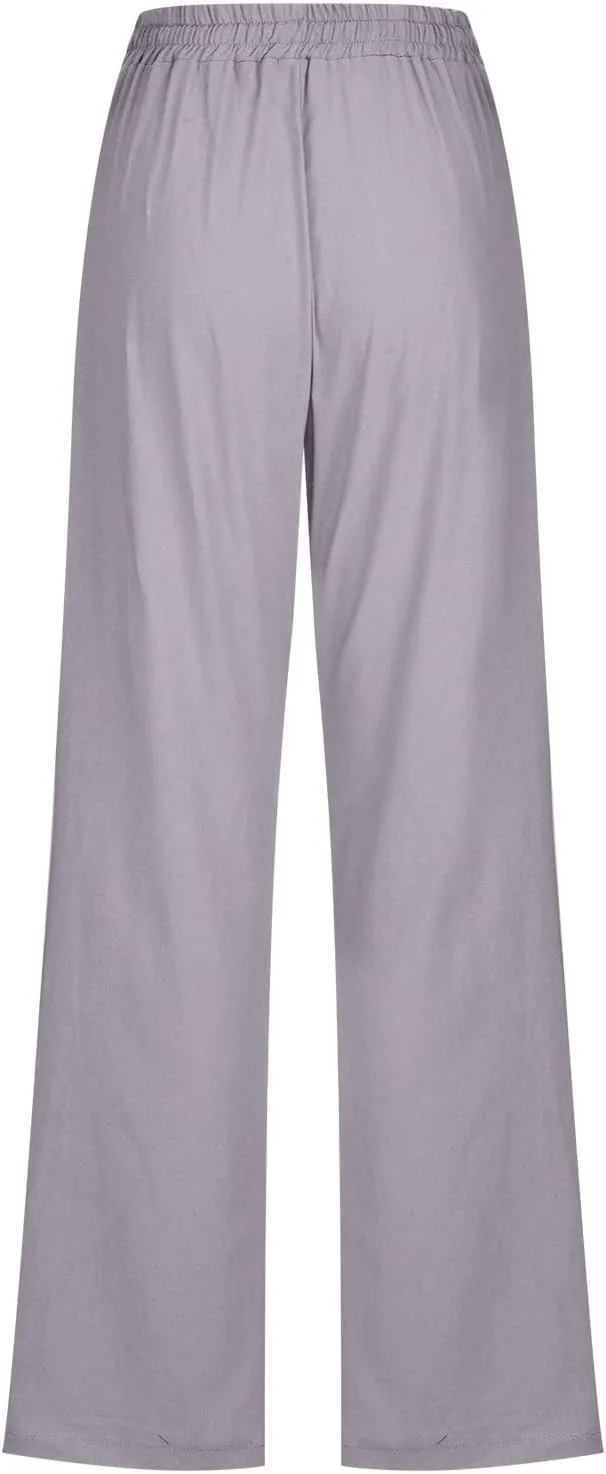 Casual Pants for Women Cotton Linen Summer Drawstring Elastic Waist Trouser Straight Leg Beach Travel Holiday Slacks
