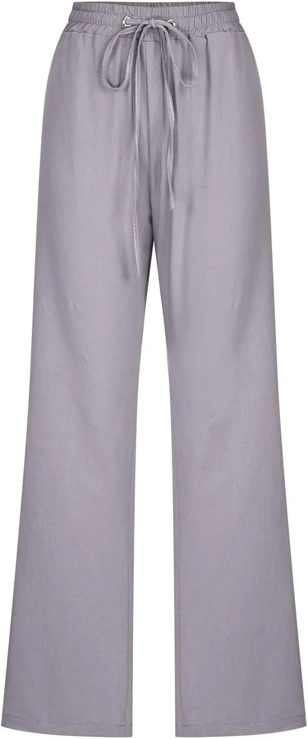 Casual Pants for Women Cotton Linen Summer Drawstring Elastic Waist Trouser Straight Leg Beach Travel Holiday Slacks