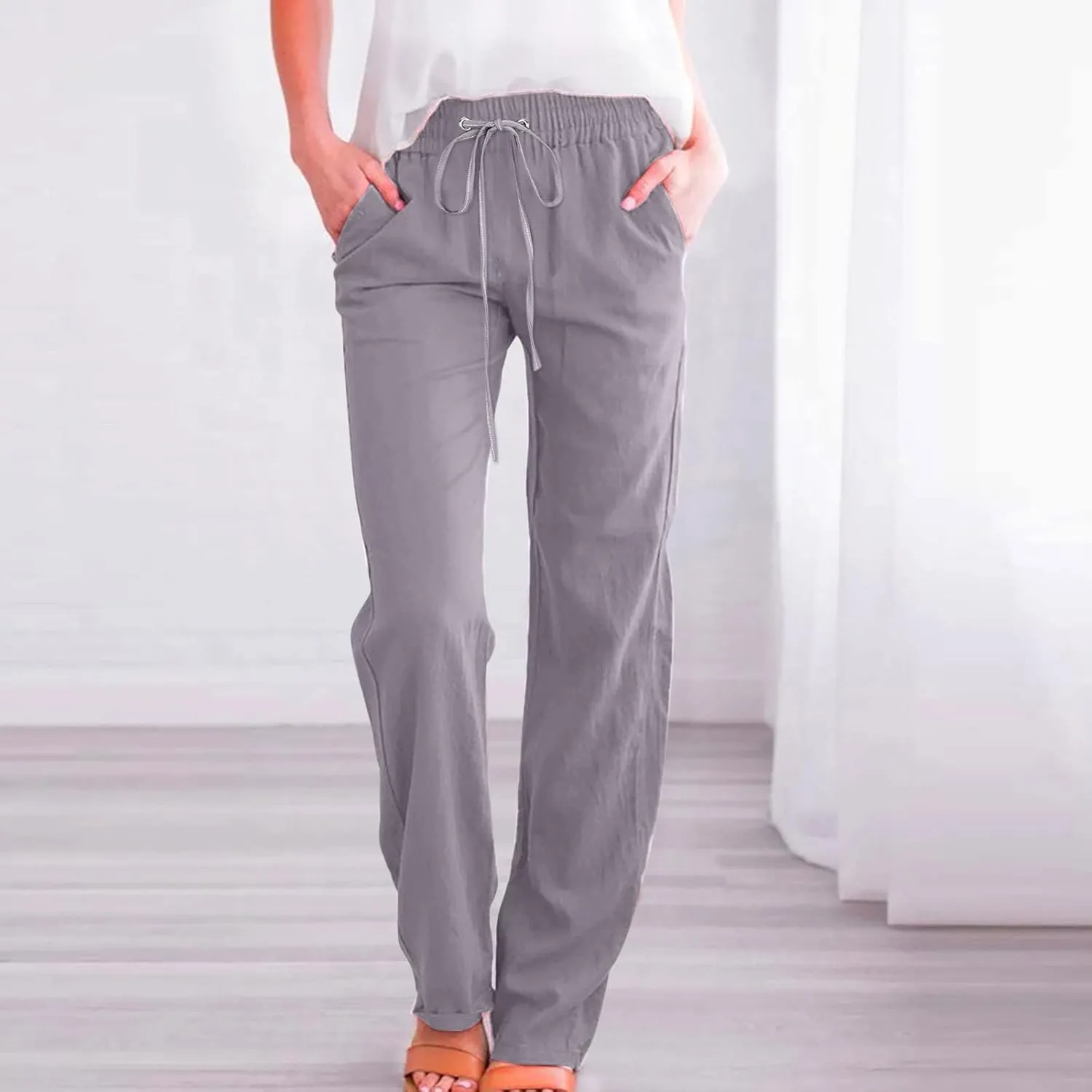 Casual Pants for Women Cotton Linen Summer Drawstring Elastic Waist Trouser Straight Leg Beach Travel Holiday Slacks