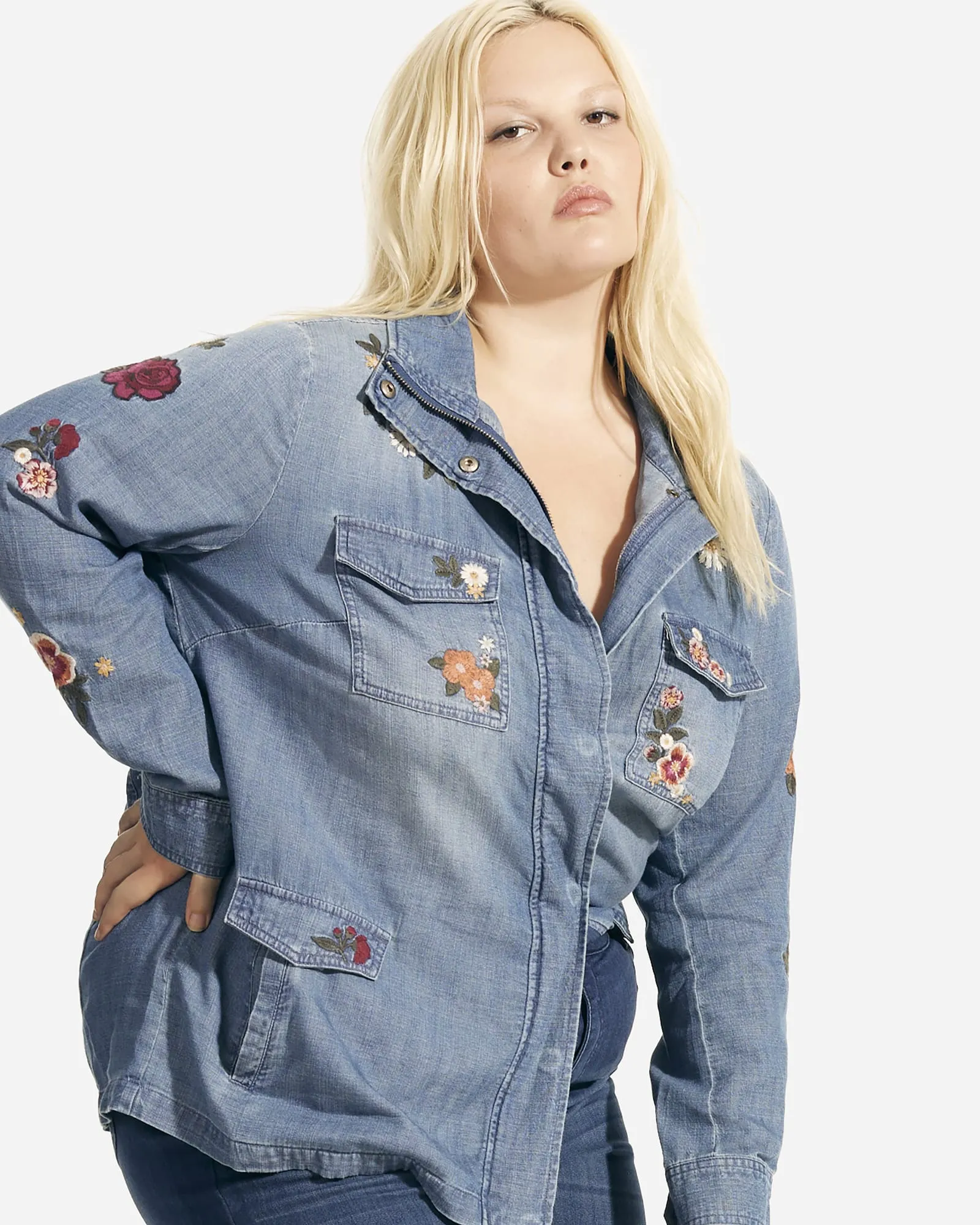 Cataleya Embroidered Utility Jacket | Medium Wash