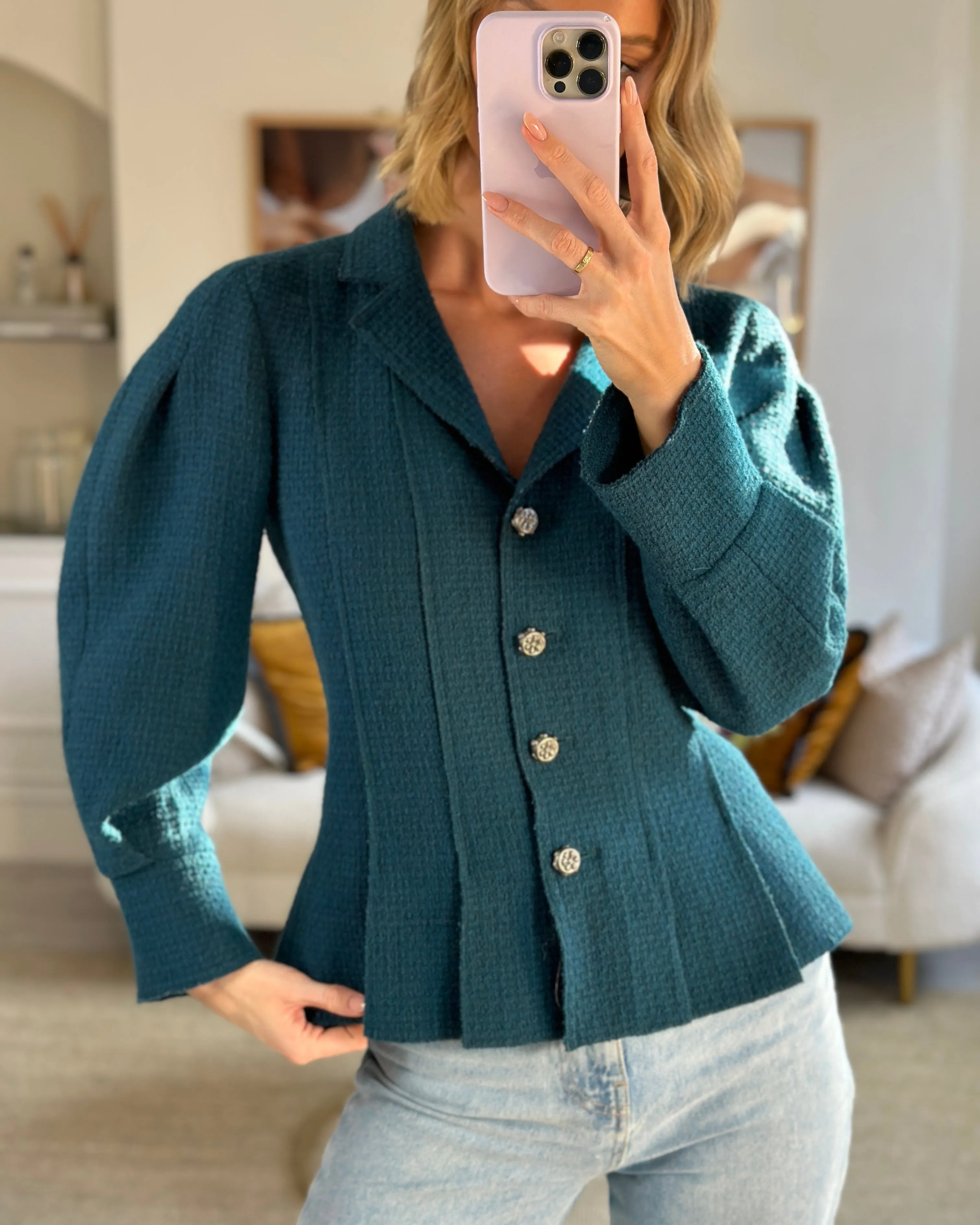 Chanel Teal Tweed Jacket With Silver Button Detail Size Fr 40 (uk 12)