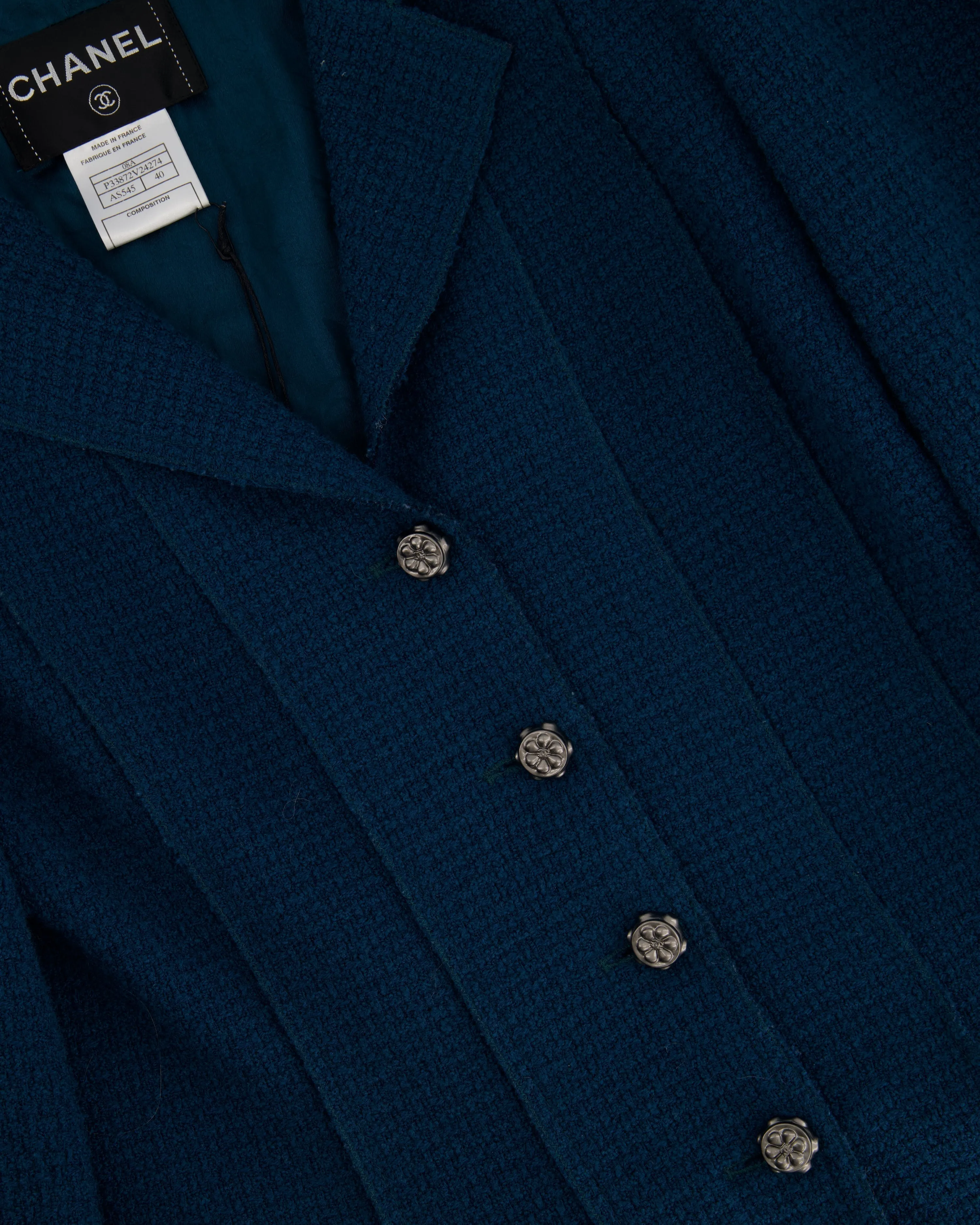 Chanel Teal Tweed Jacket With Silver Button Detail Size Fr 40 (uk 12)
