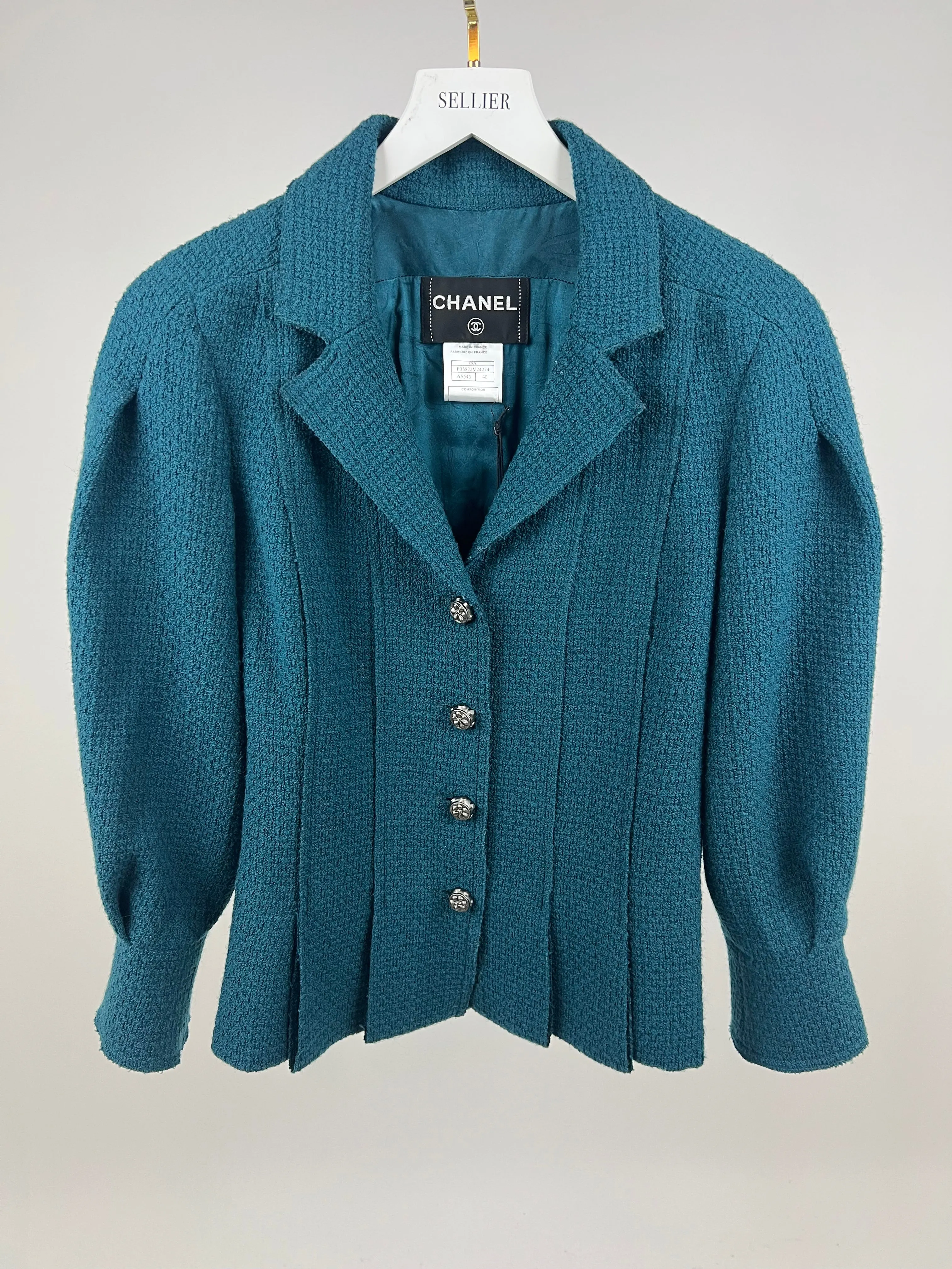 Chanel Teal Tweed Jacket With Silver Button Detail Size Fr 40 (uk 12)