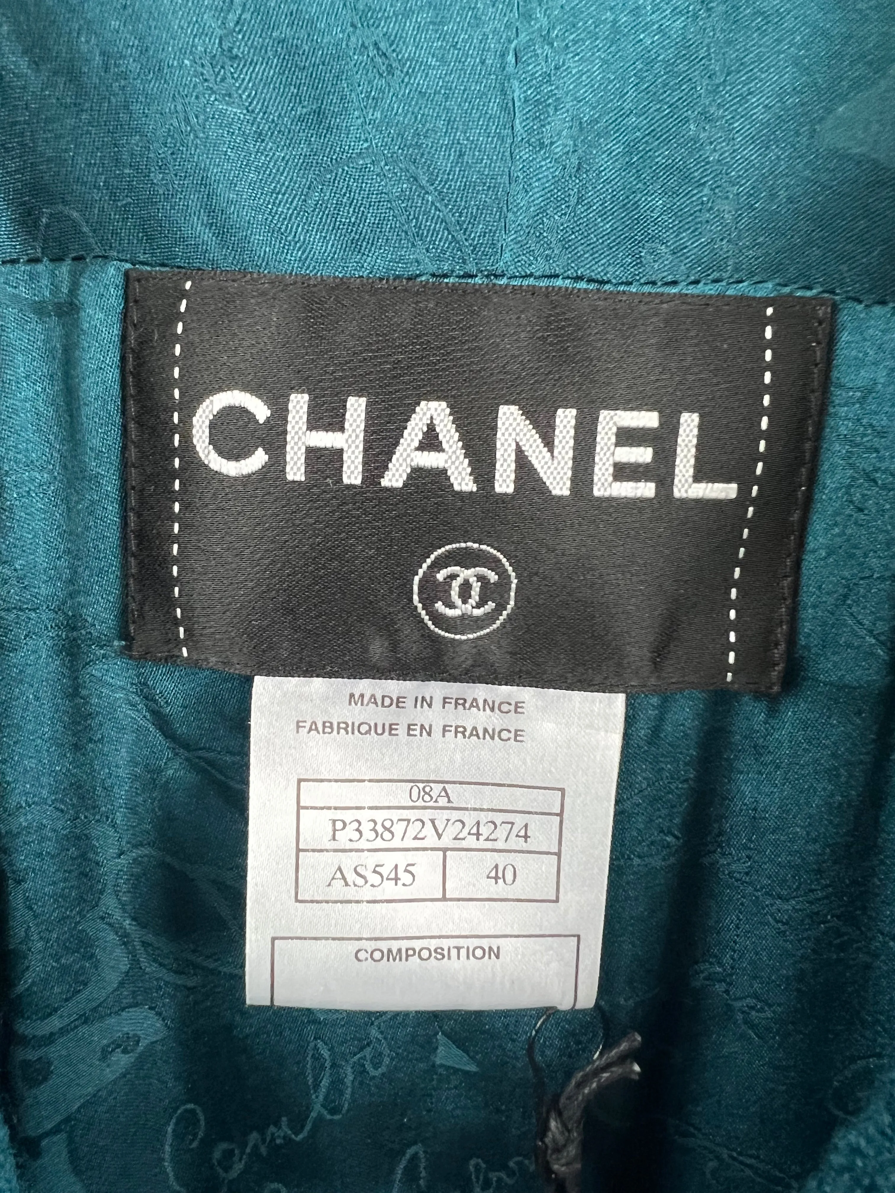 Chanel Teal Tweed Jacket With Silver Button Detail Size Fr 40 (uk 12)