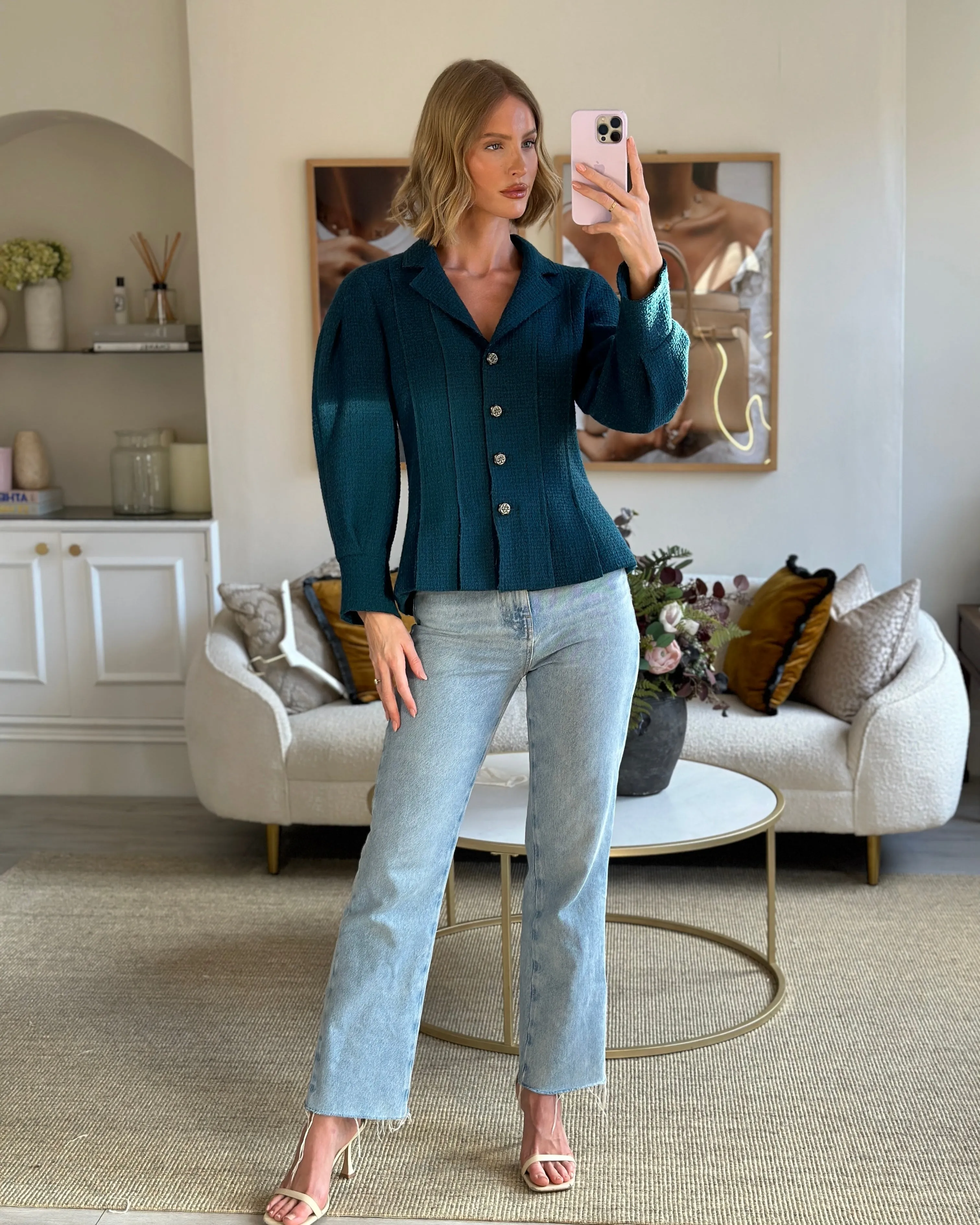 Chanel Teal Tweed Jacket With Silver Button Detail Size Fr 40 (uk 12)