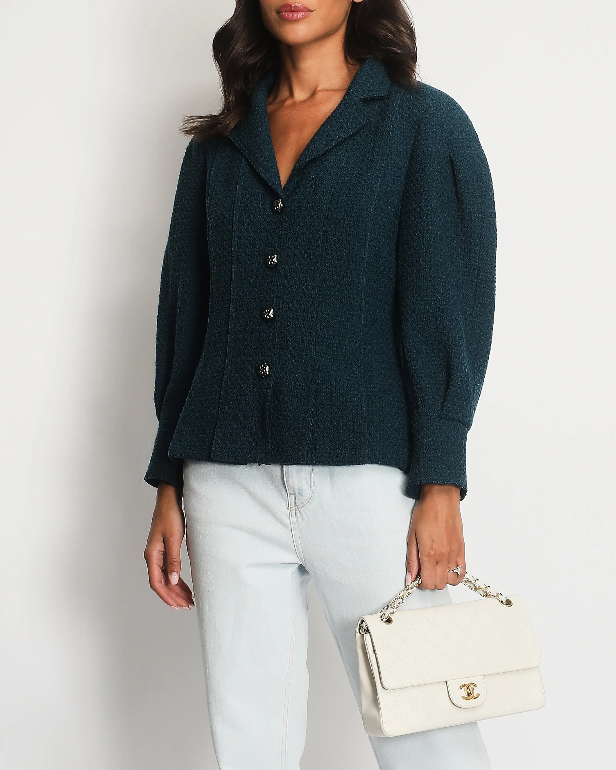 Chanel Teal Tweed Jacket With Silver Button Detail Size Fr 40 (uk 12)