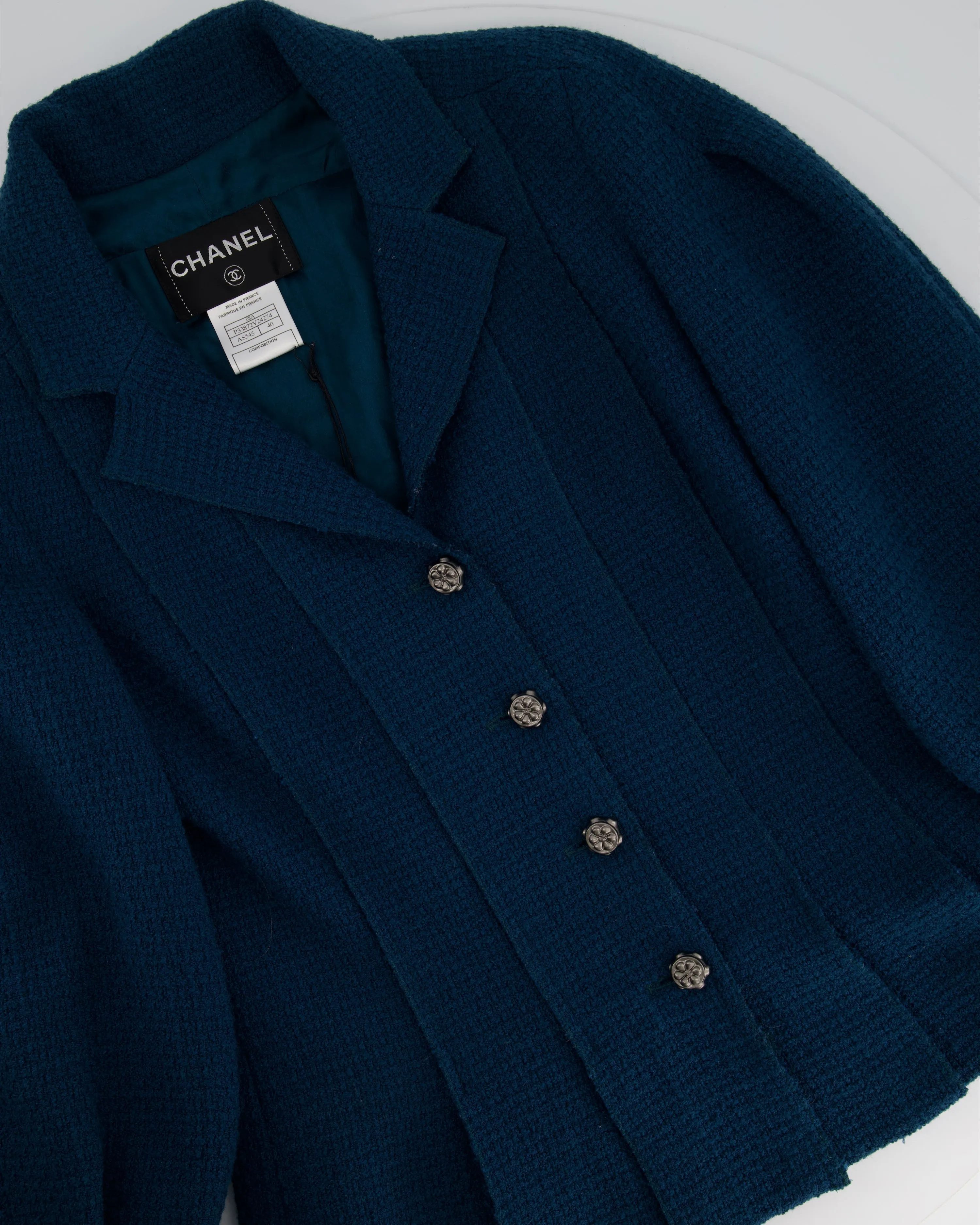 Chanel Teal Tweed Jacket With Silver Button Detail Size Fr 40 (uk 12)