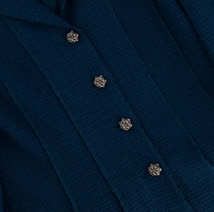 Chanel Teal Tweed Jacket With Silver Button Detail Size Fr 40 (uk 12)