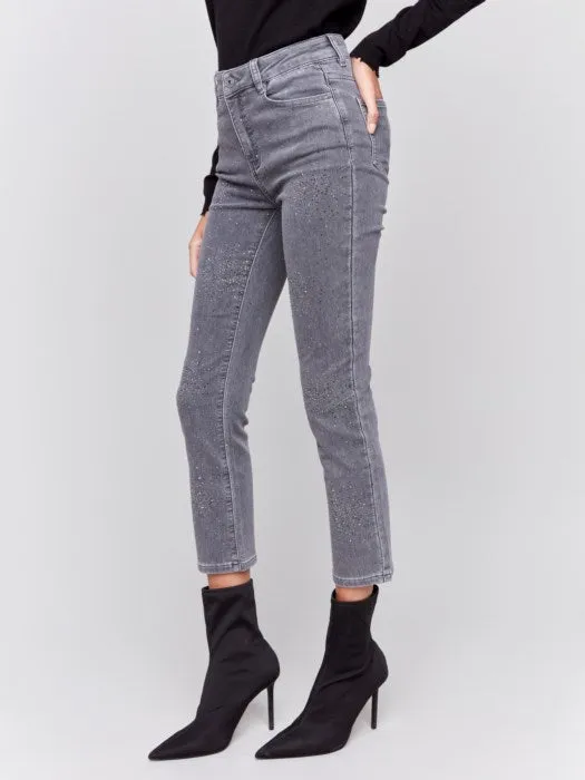 Charlie B Grey Soft Knit Denim With Slim Leg And All Over Studs Pant