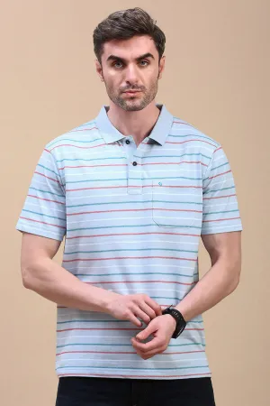 Classic Polo Men's Half Sleeve Blue Polo Neck Authentic Fit Striped T-Shirt | AVON - 602 B AF P