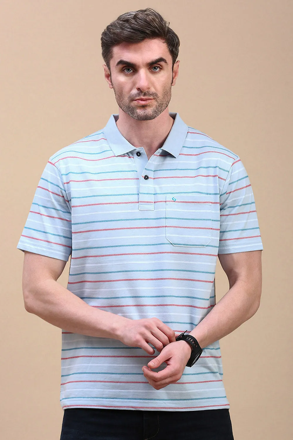 Classic Polo Men's Half Sleeve Blue Polo Neck Authentic Fit Striped T-Shirt | AVON - 602 B AF P