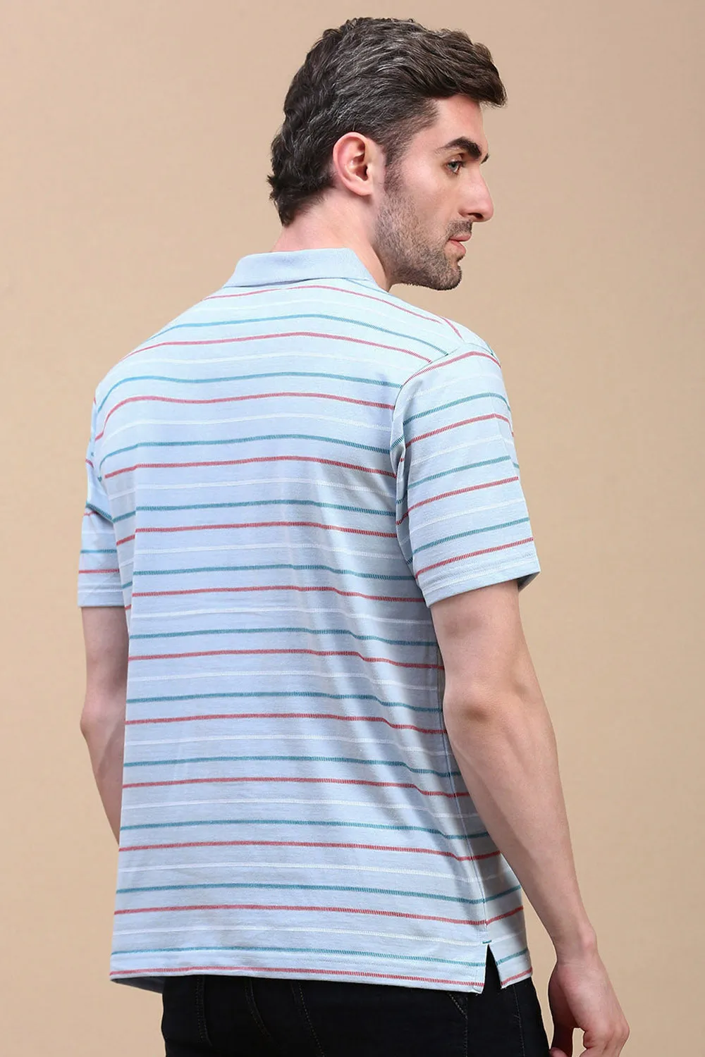 Classic Polo Men's Half Sleeve Blue Polo Neck Authentic Fit Striped T-Shirt | AVON - 602 B AF P
