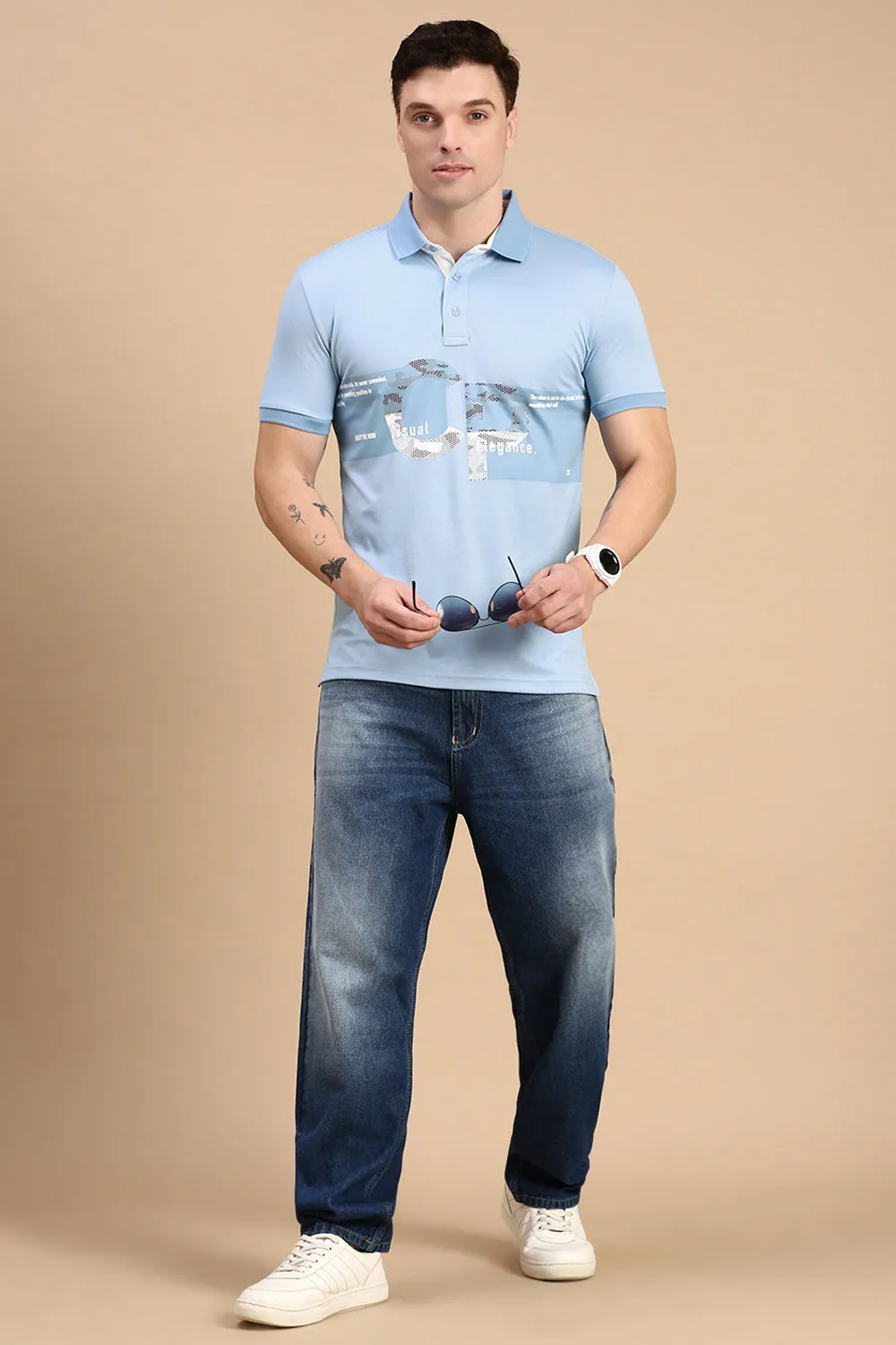 Classic Polo Men's Half Sleeve Blue Polo Neck Slim Fit Printed T-Shirt | VIVID POLO - 32 B SF P