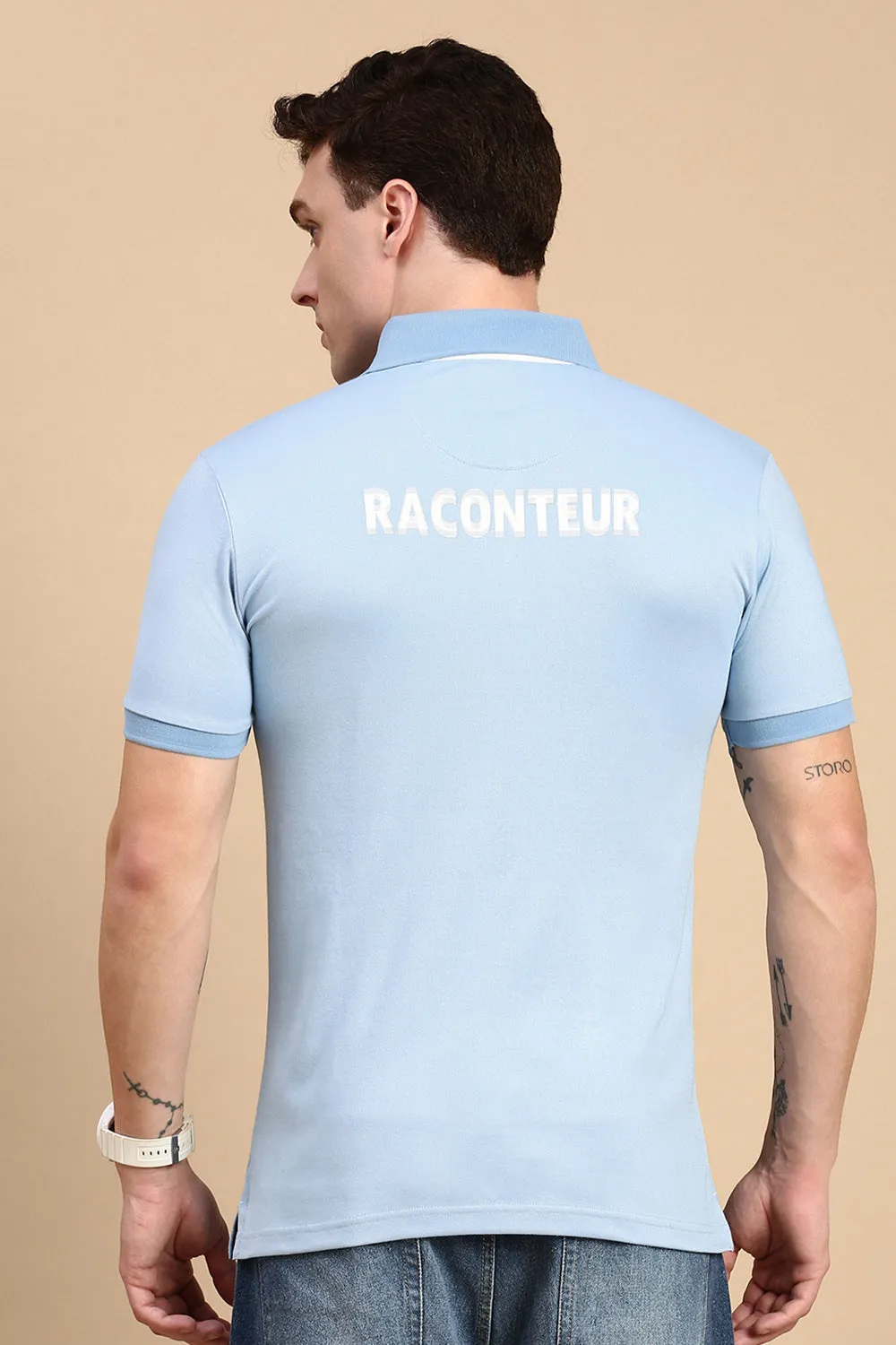 Classic Polo Men's Half Sleeve Blue Polo Neck Slim Fit Printed T-Shirt | VIVID POLO - 32 B SF P