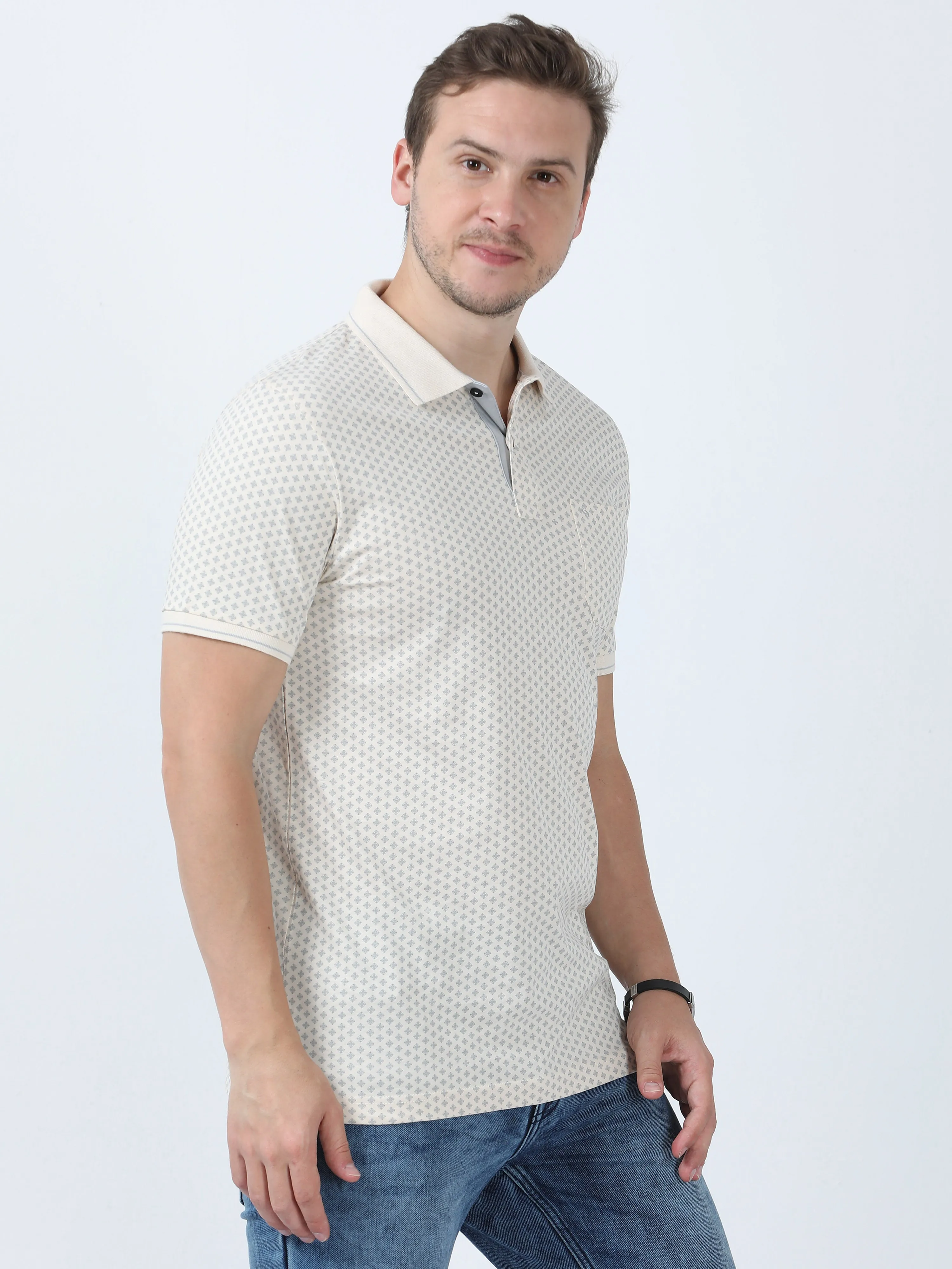 Classic Polo Men's Printed Beige Cotton Half Sleeve T-Shirt | BELLO - 268 B SF P