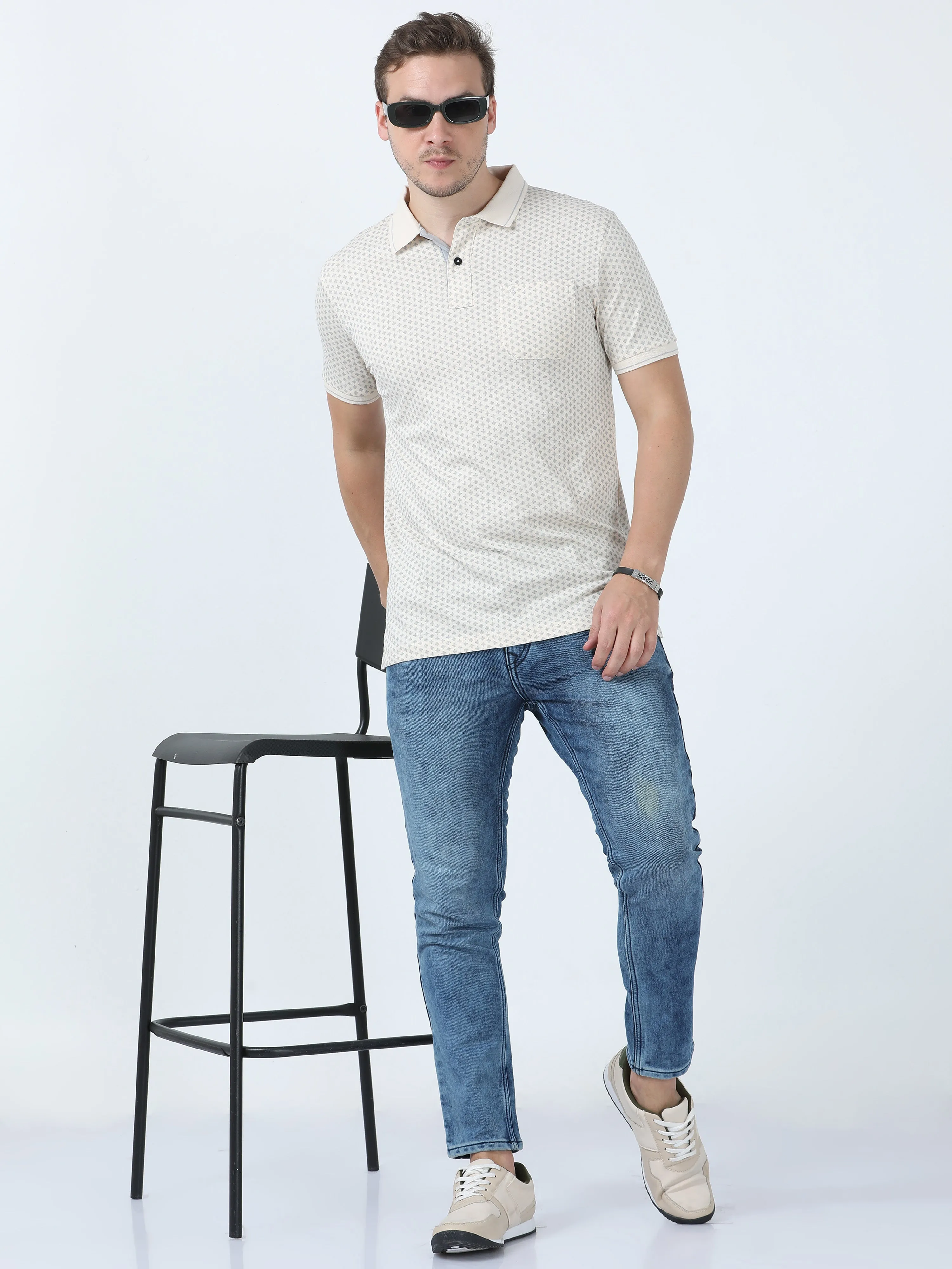 Classic Polo Men's Printed Beige Cotton Half Sleeve T-Shirt | BELLO - 268 B SF P