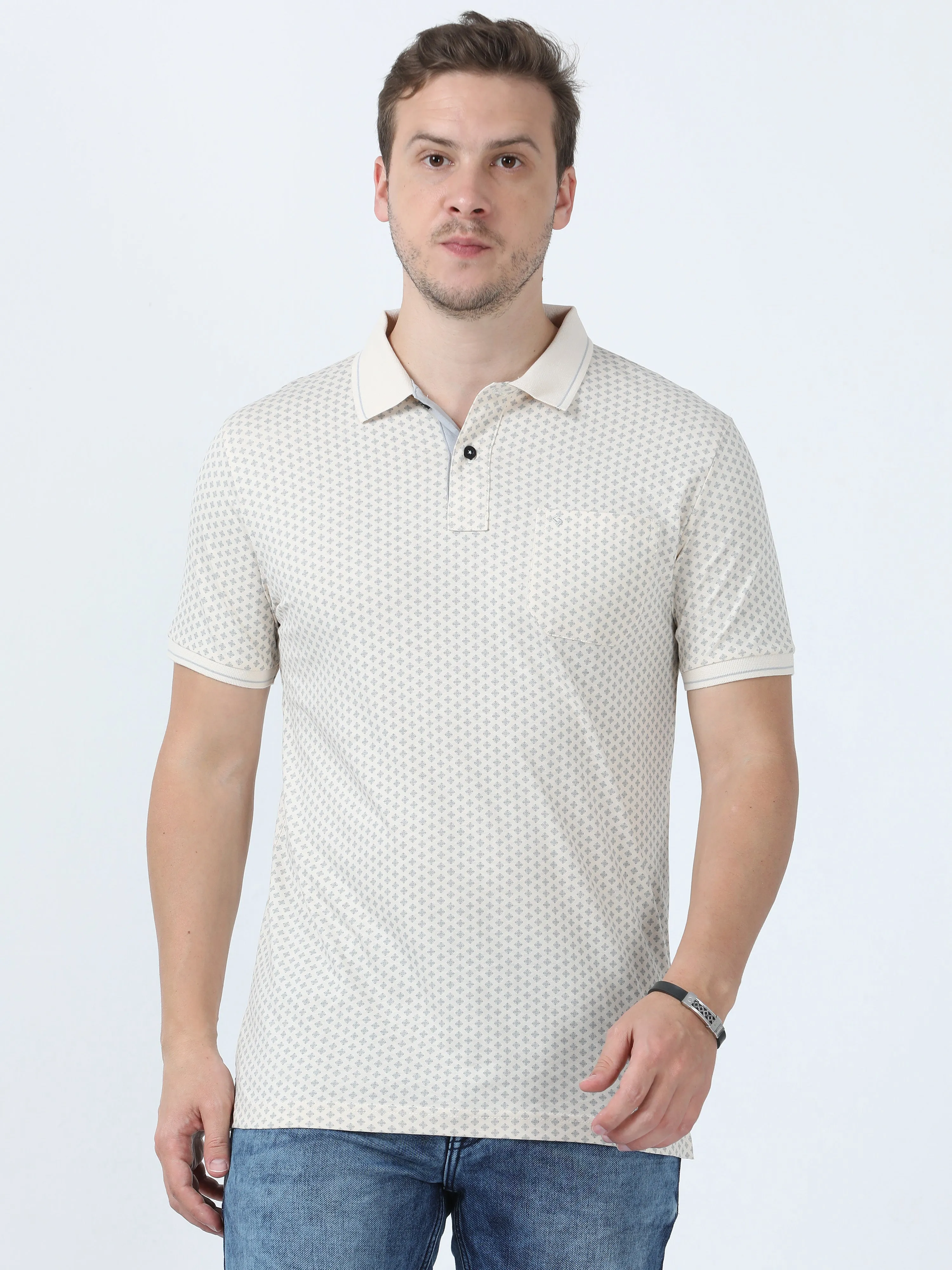 Classic Polo Men's Printed Beige Cotton Half Sleeve T-Shirt | BELLO - 268 B SF P
