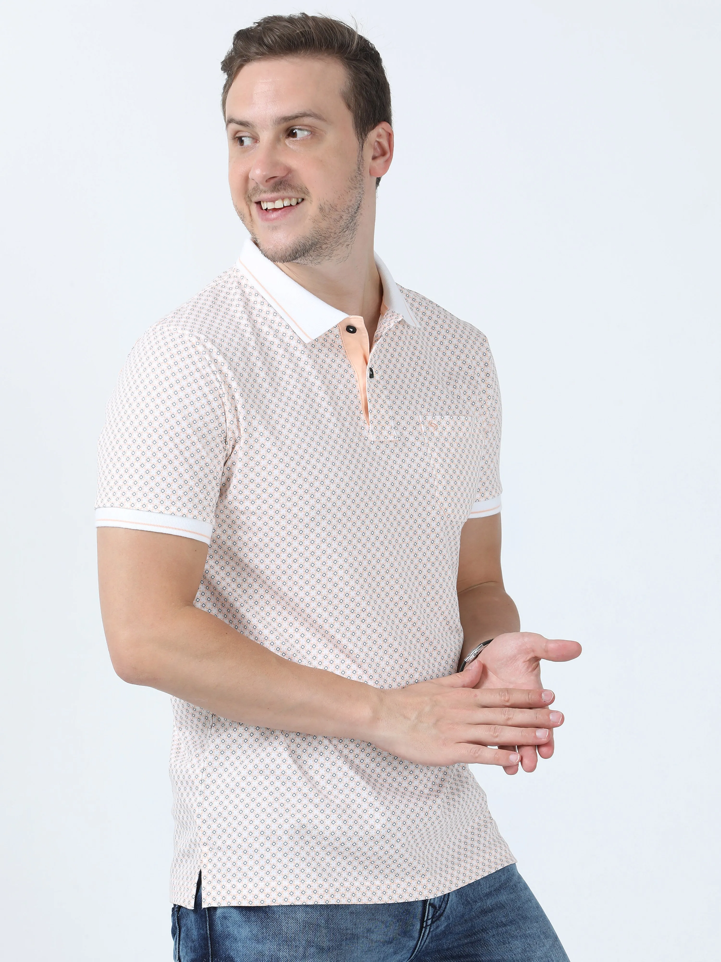 Classic Polo Men's Printed White/Peach Cotton Half Sleeve T-Shirt | BELLO - 267 A SF P