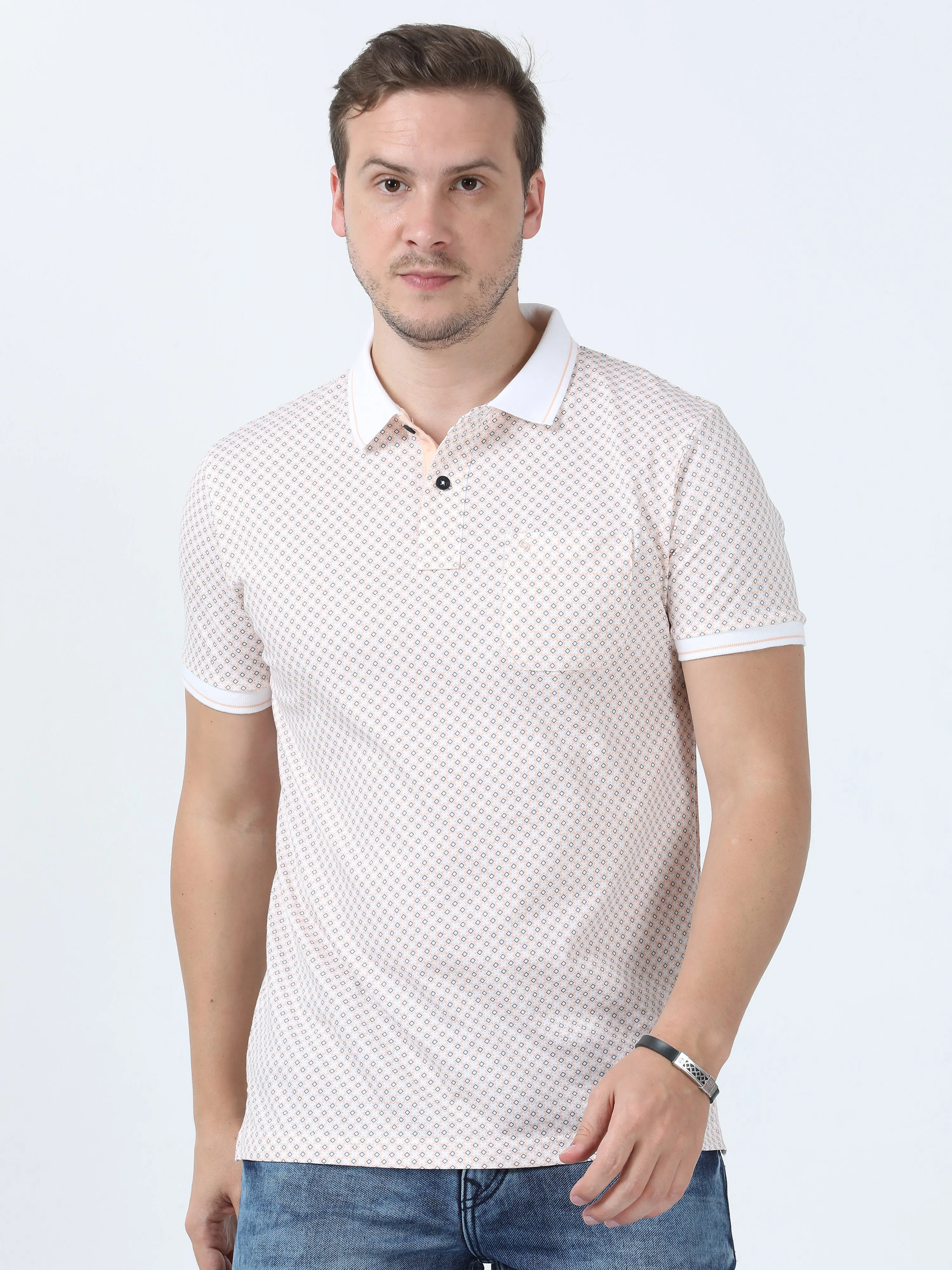 Classic Polo Men's Printed White/Peach Cotton Half Sleeve T-Shirt | BELLO - 267 A SF P