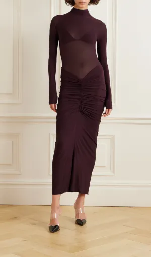 Draped Stretch Mesh Midi Dress