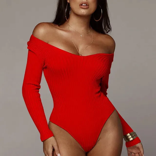 Elegant Knitted Long Sleeve White Bodysuit Slim Fit Leotard