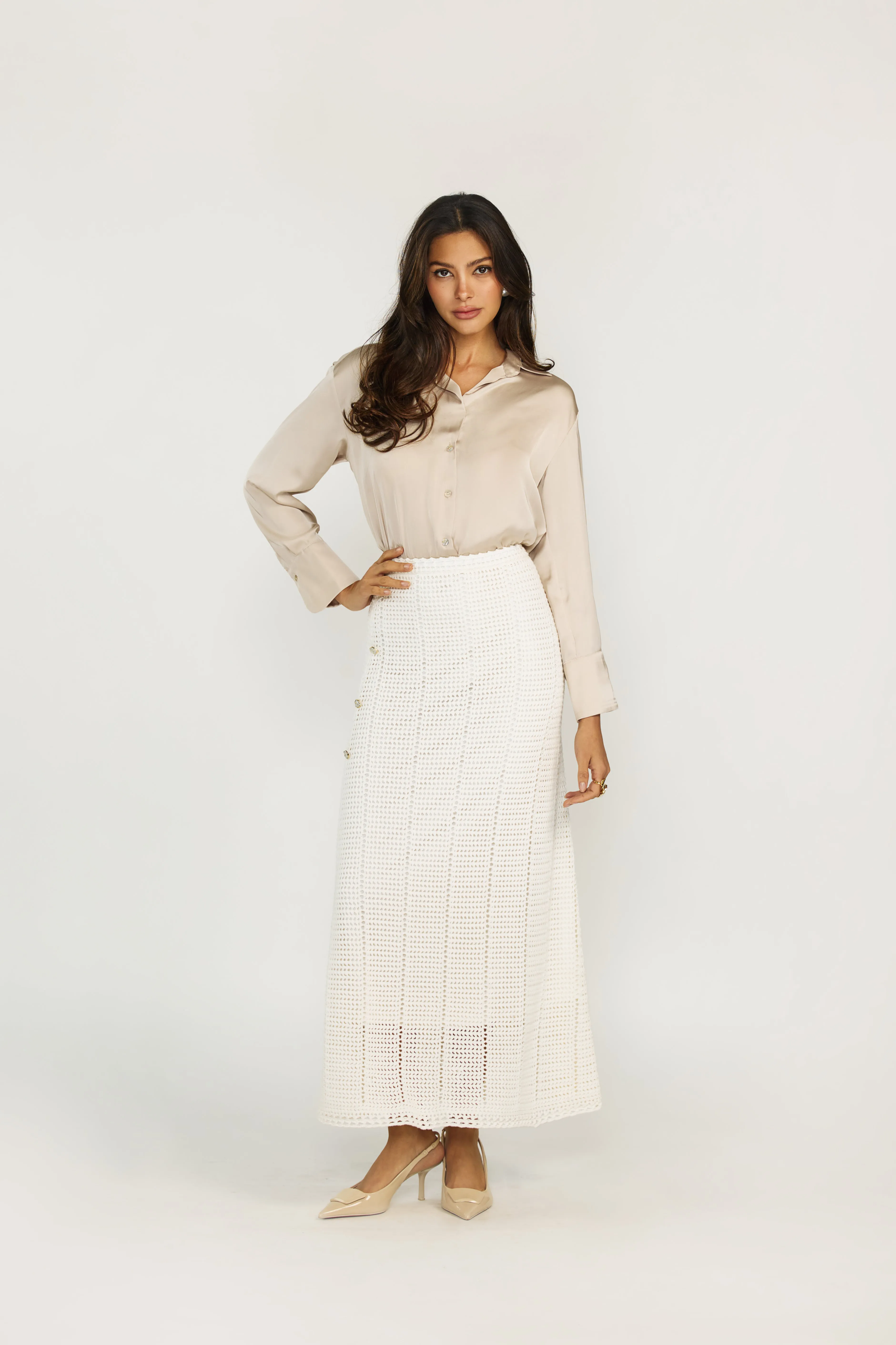 Ellie Makir White Knit Maxi Skirt