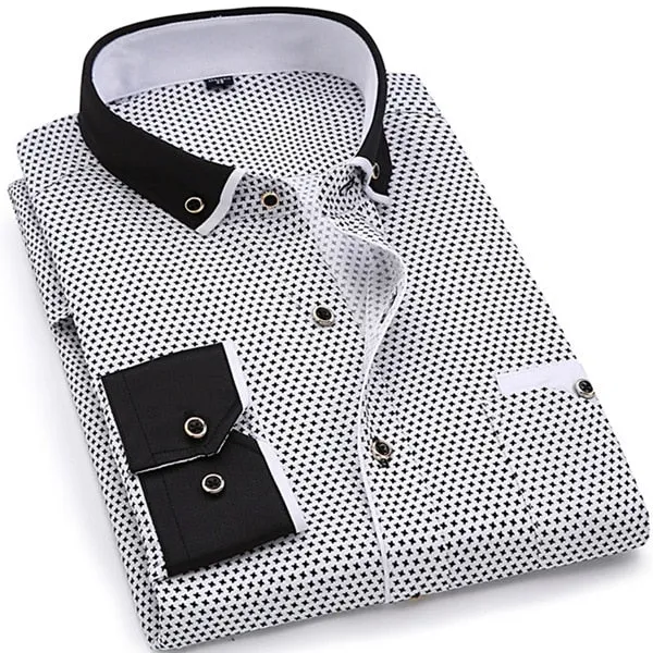 Fashion Print Casual Men Long Sleeve Shirt Stitching Fashion Pocket Design Fabric Soft Comfortable Men Dress Slim Fit Style