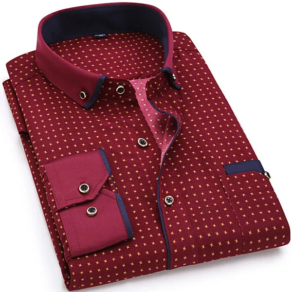 Fashion Print Casual Men Long Sleeve Shirt Stitching Fashion Pocket Design Fabric Soft Comfortable Men Dress Slim Fit Style