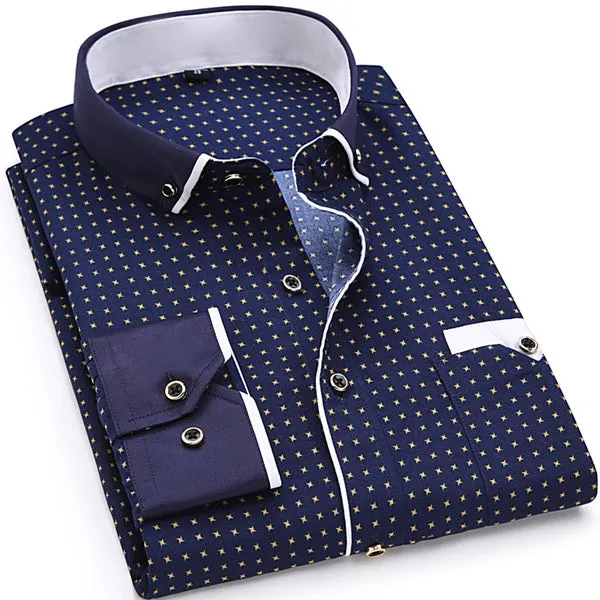 Fashion Print Casual Men Long Sleeve Shirt Stitching Fashion Pocket Design Fabric Soft Comfortable Men Dress Slim Fit Style