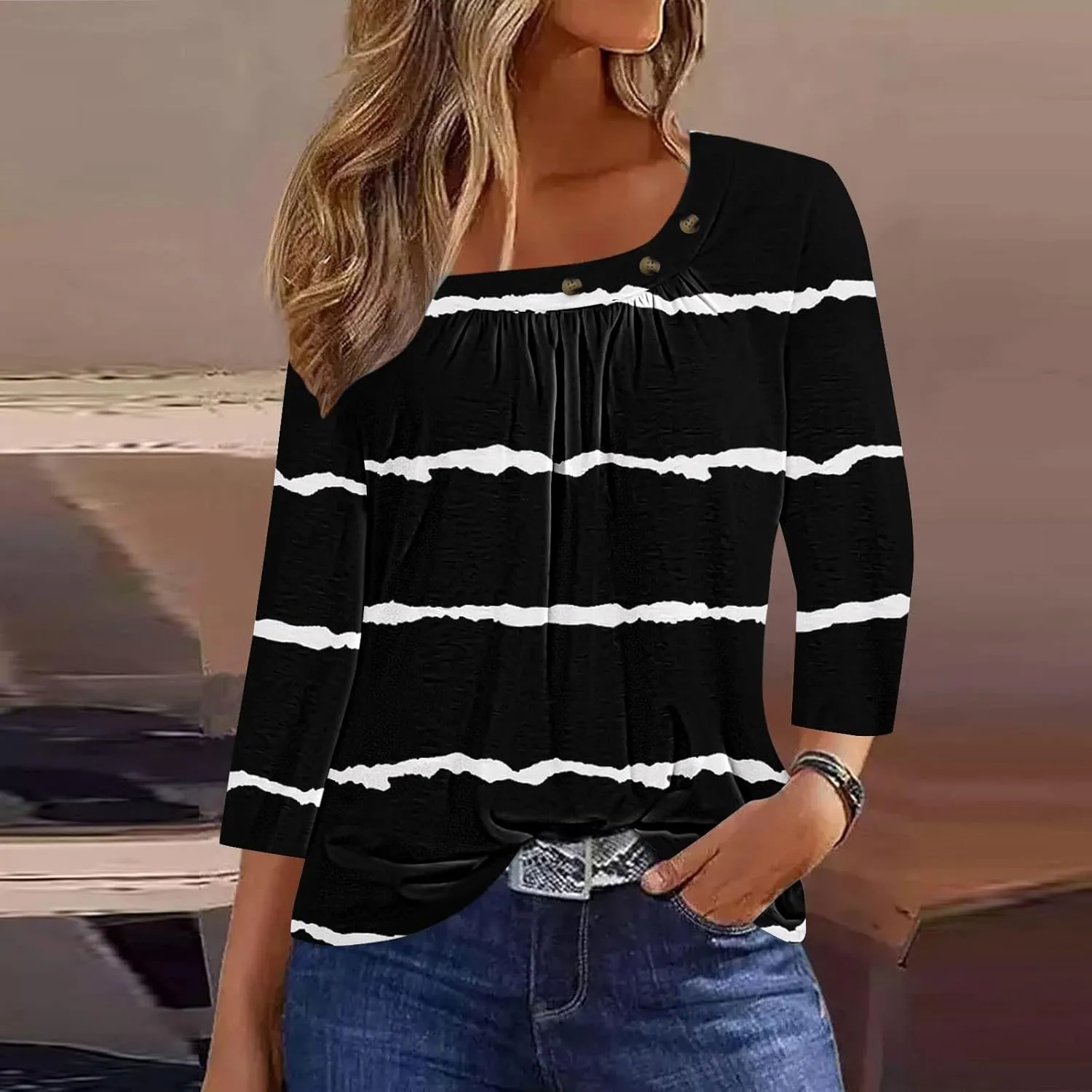Generic Women's Casual 3/4 Sleeve T-Shirt Square Neck Cute Tunic Tops Button Decor Pleated Dressy Blouse Summer Cute Boho Tee