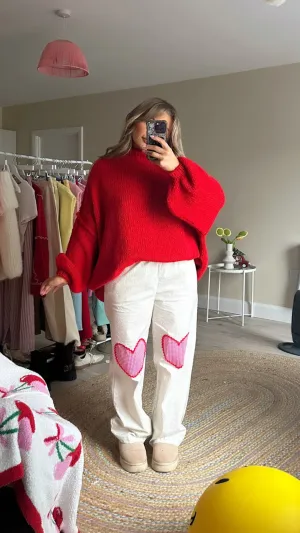 Gingham Pull on Trousers with Heart Patches - Beige