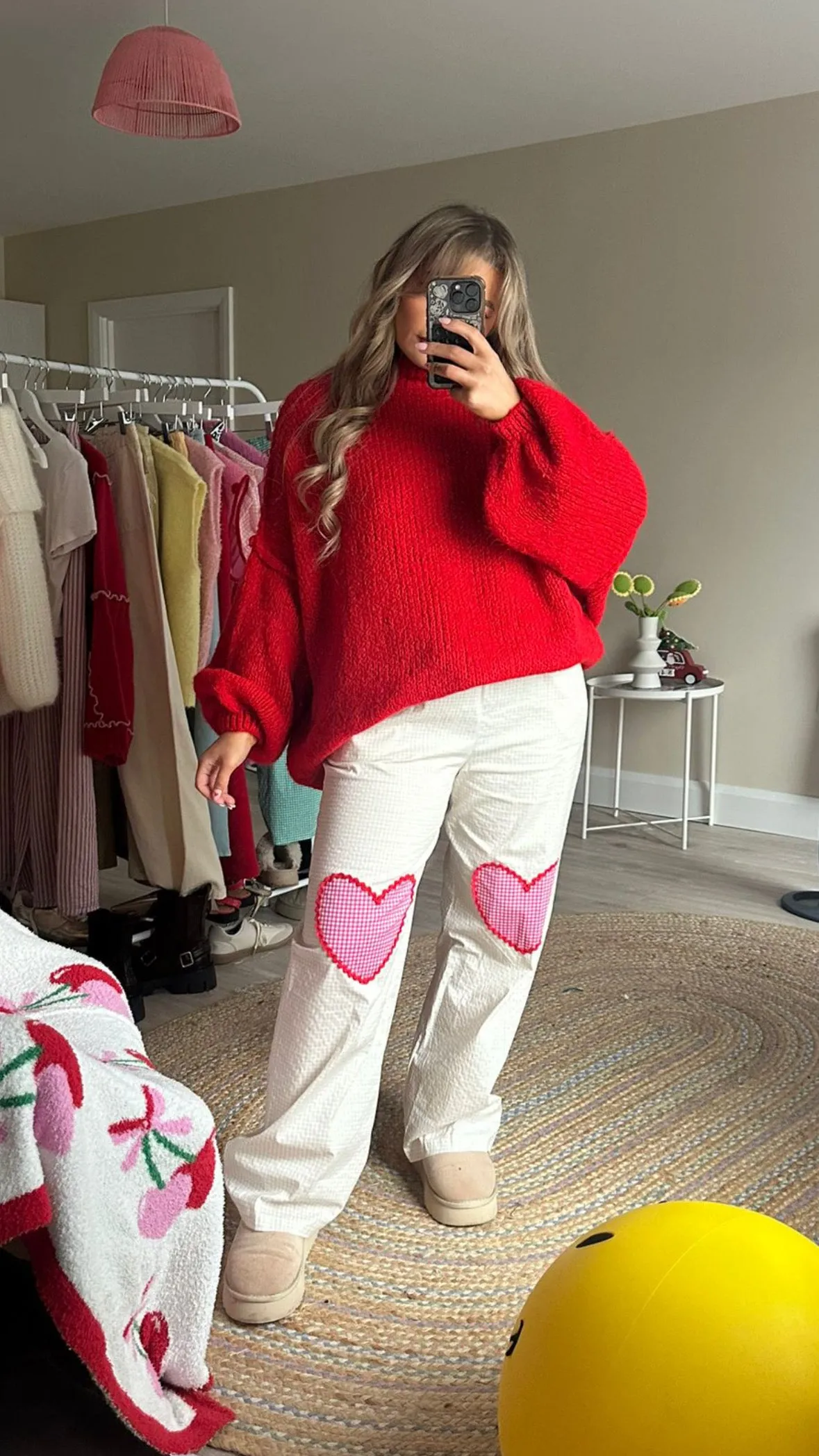 Gingham Pull on Trousers with Heart Patches - Beige