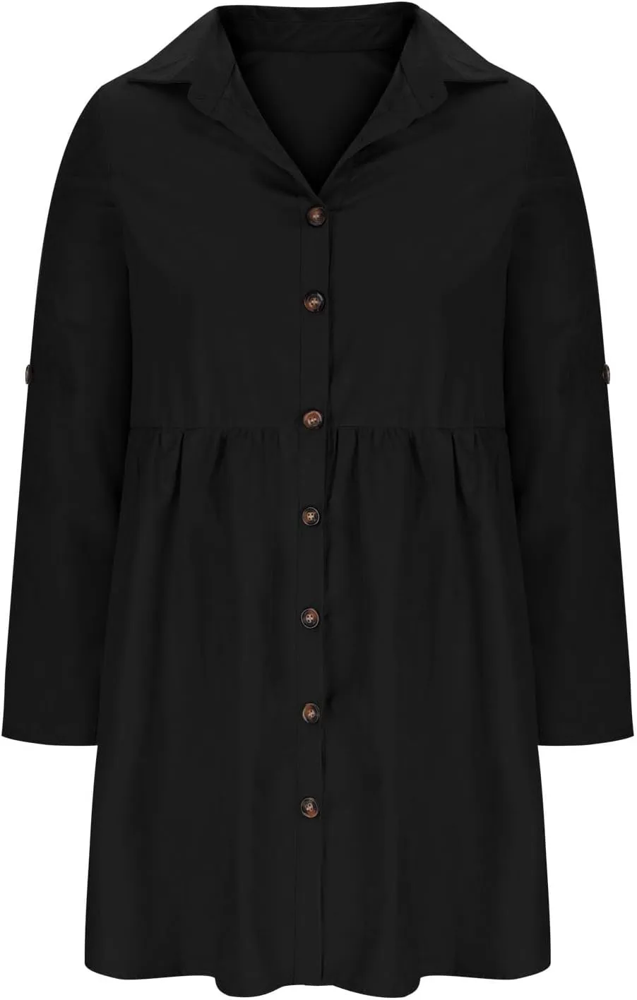 LEMONONSTORE Women Casual Button Down Lapel Flared T Shirt Dress Summer Roll-Up Sleeve Ruffle Flowy Mini Dresses Daily Wear