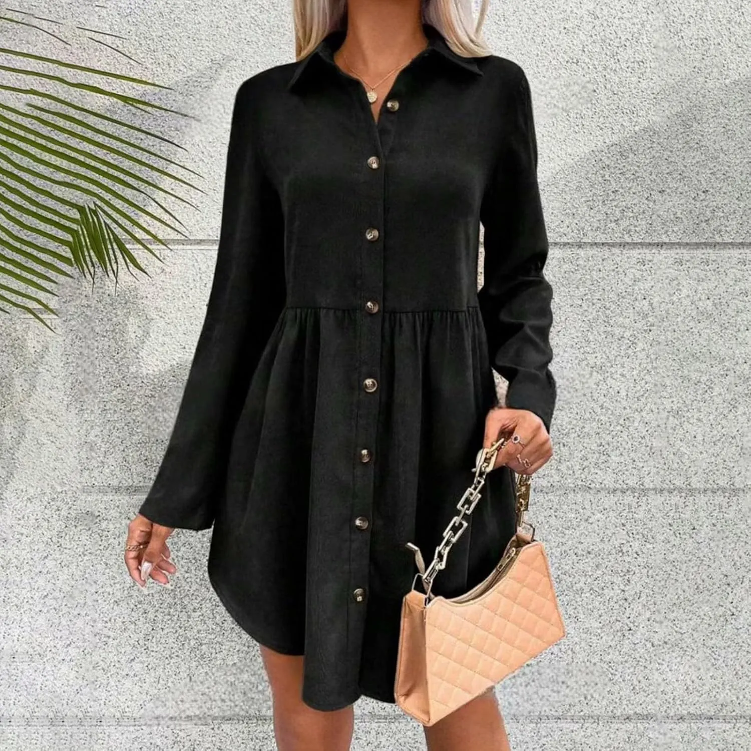 LEMONONSTORE Women Casual Button Down Lapel Flared T Shirt Dress Summer Roll-Up Sleeve Ruffle Flowy Mini Dresses Daily Wear