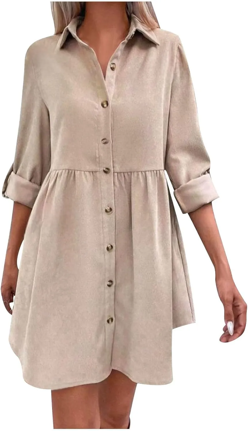 LEMONONSTORE Women Casual Button Down Lapel Flared T Shirt Dress Summer Roll-Up Sleeve Ruffle Flowy Mini Dresses Daily Wear