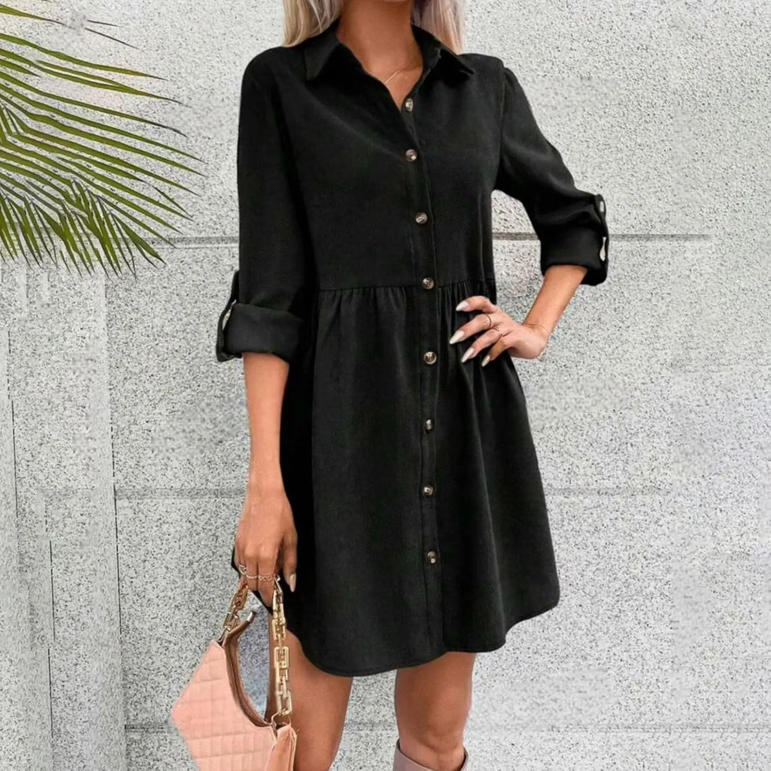 LEMONONSTORE Women Casual Button Down Lapel Flared T Shirt Dress Summer Roll-Up Sleeve Ruffle Flowy Mini Dresses Daily Wear