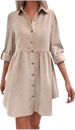 LEMONONSTORE Women Casual Button Down Lapel Flared T Shirt Dress Summer Roll-Up Sleeve Ruffle Flowy Mini Dresses Daily Wear