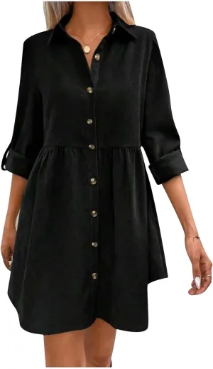 LEMONONSTORE Women Casual Button Down Lapel Flared T Shirt Dress Summer Roll-Up Sleeve Ruffle Flowy Mini Dresses Daily Wear