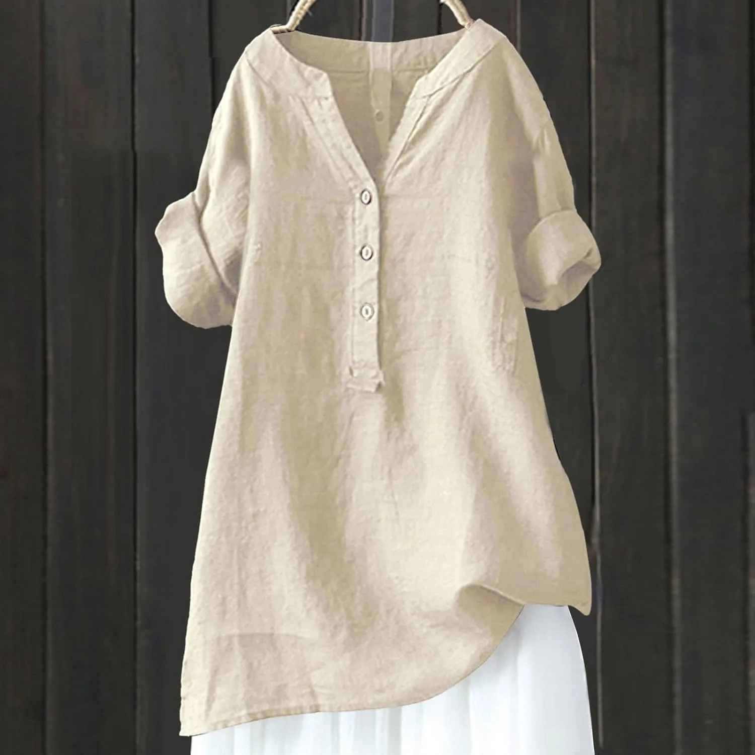 Linen Shirts for Women Button Down V Neck Boho Tees Short Sleeve Loose Fit Beach Tops Plus Size Casual Work Blouses