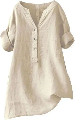Linen Shirts for Women Button Down V Neck Boho Tees Short Sleeve Loose Fit Beach Tops Plus Size Casual Work Blouses