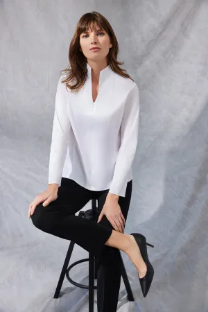 Long Sleeve Zip-Up Cotton Poplin Blouse, White
