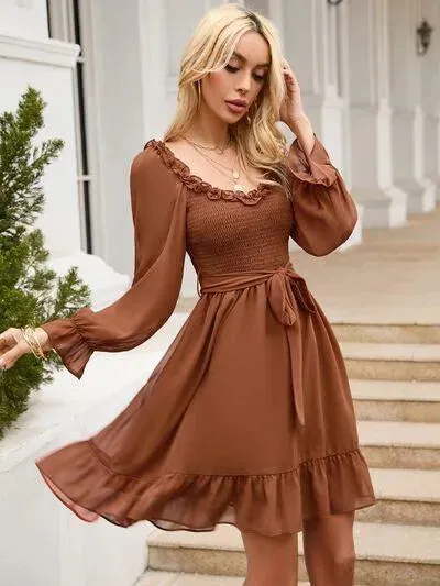 Look Fab in a Tie Front Ruffle Hem Smocked Mini Dress
