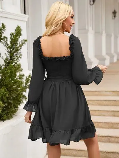 Look Fab in a Tie Front Ruffle Hem Smocked Mini Dress