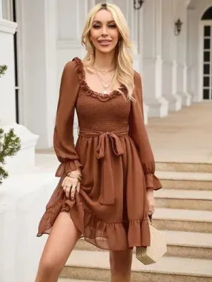 Look Fab in a Tie Front Ruffle Hem Smocked Mini Dress